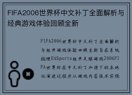 FIFA2006世界杯中文补丁全面解析与经典游戏体验回顾全新